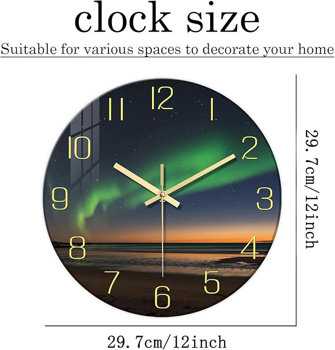 Decorative Wall Clocks Battery Operated 12 Inch Teal Glass Analog Wall Clock for Kitchen Beach Non Ticking Wall Clock Silent