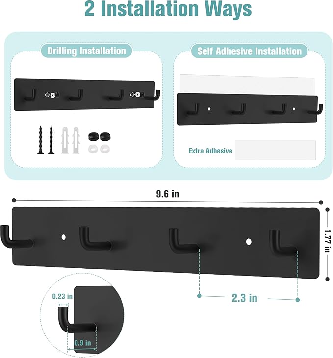 RELBRO Key Holder Wall Mount, Large Metal Self Adhesive Key Rack with 4 Hooks, 2 Installation Options, Black