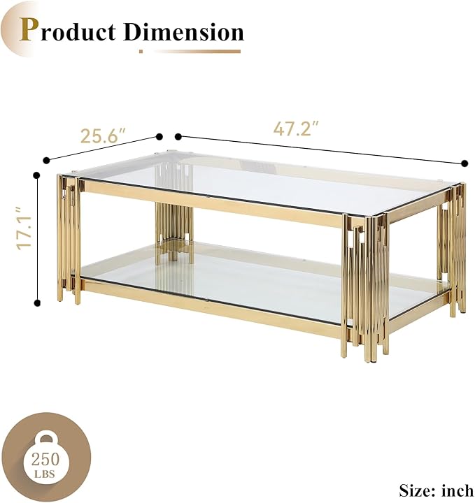 48" Rectangular Glass Coffee Table, Luxury 2-Tier Center Table with Storage & Gold Stainless Steel Frame, Modern Clear Glass Accent Coffee Cocktail Table for Living Room
