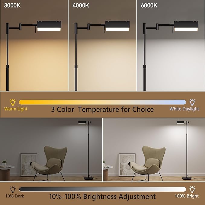 SUNMORY Dimmable LED Pharmacy Floor Lamp, 16W/1500LM Bright Reading Floor Lamp with Remote & Touch Control, 350°Swing Arm, Adjustable Task Craft Standing Lamp for Living Room Bedroom Office, Black