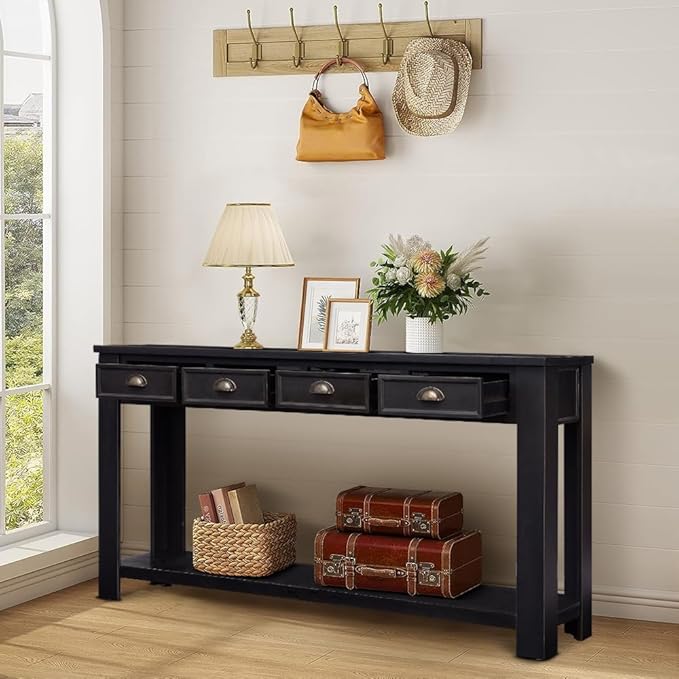 Console Table for Entryway, 60 Inch Sofa Table Narrow Long Hallway Table, ConsoleTable w/4 Drawers and Bottom Shelf for Living Room Entryway Home,Kitchen Counter,Black
