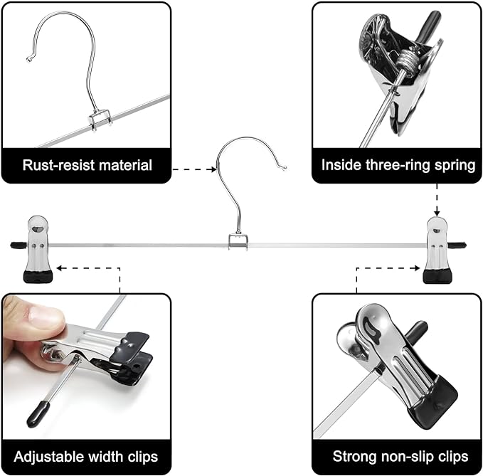 Pants & Skirt Hangers with Adjustable Non-Slip Clips - Space Saving Metal Hangers for Coats, Garments & Jeans - 10 Pack