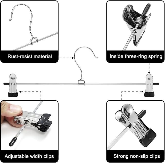 Pants & Skirt Hangers with Adjustable Non-Slip Clips, Space Saving Metal Hangers for Coat, Garment, Jeans & Kids Adults (20 Pack)