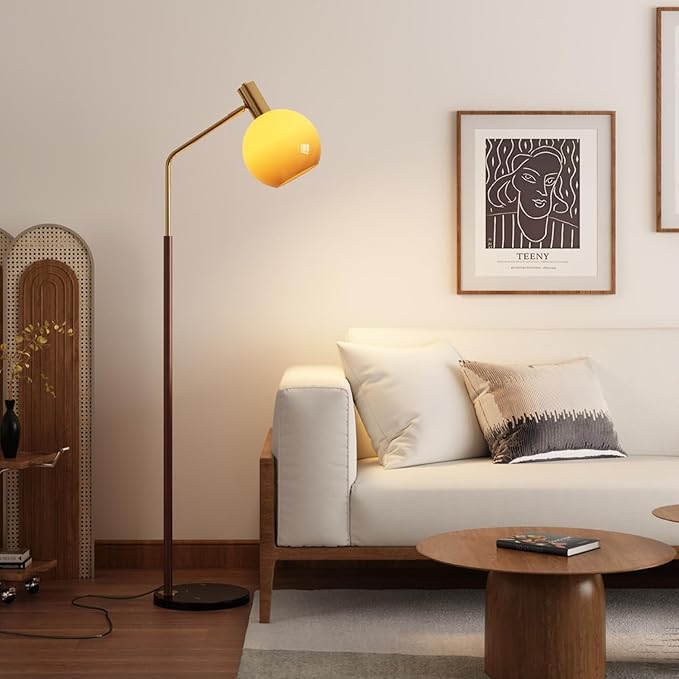 MIXL-Walnut Wood Finish Floor Lamp with Orange Shade,Dimmable Led Glass Standing Lamp,Farmhouse Style Floor Reading Lamps for Living Room Bedroom and Office