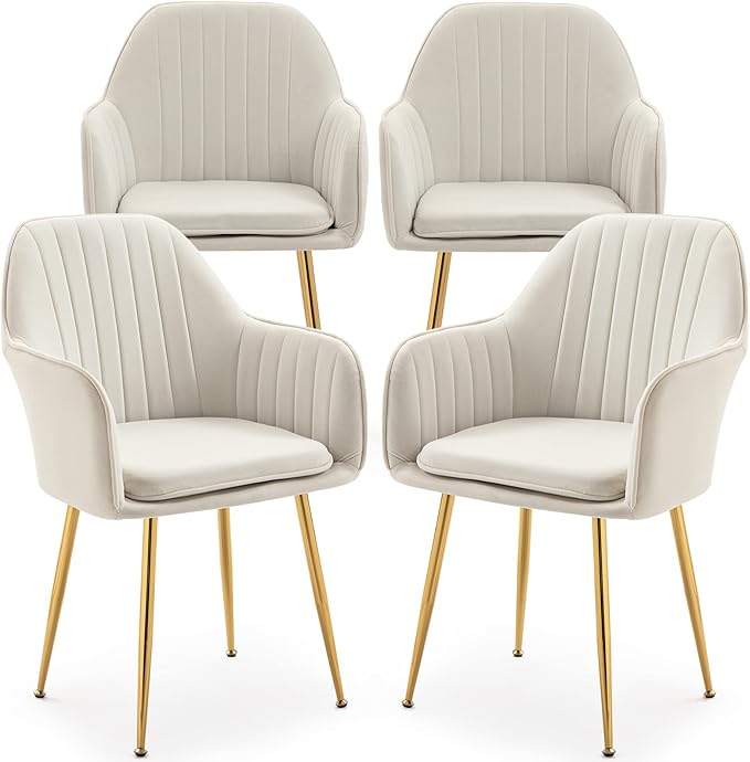 ECOTOUGE Matte Velvet Dining Chairs Set of 4, Modern Arm Chair with Golden Metal Legs, Living Room Accent Chairs for Kitchen, Beige
