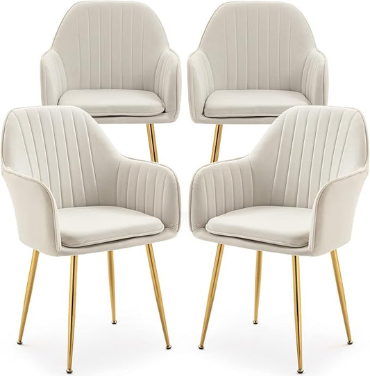 ECOTOUGE Matte Velvet Dining Chairs Set of 4, Modern Arm Chair with Golden Metal Legs, Living Room Accent Chairs for Kitchen, Beige