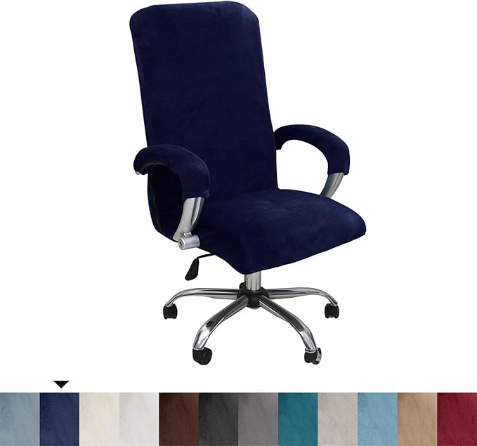 Velvet Plush Stretchable Office Computer Chair Cover - Cat Proof Protector for Ergonomic Office Desk Chair with Wheels and Armrest, Fits High Back Wide Mesh Executive Chairs, Navy Blue, XL