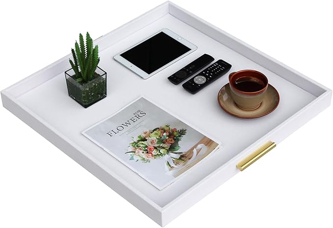 HofferRuffer Extra Large Square Serving Tray, Elegant Faux Leather Ottoman Tray with Gold Hardware Handles, Serve Tea, Coffee or Breakfast in Bed, 24 x 24 inches (White Shagreen)