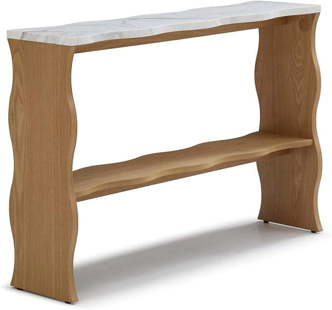 47-Inch Long Console Table, Marble Wooden Rectangular Sofa Table Behind The Couch, with Storage Shelf, Farmhouse Entryway Table for Entrance, Hallway, Living Room (Marble+Wood)