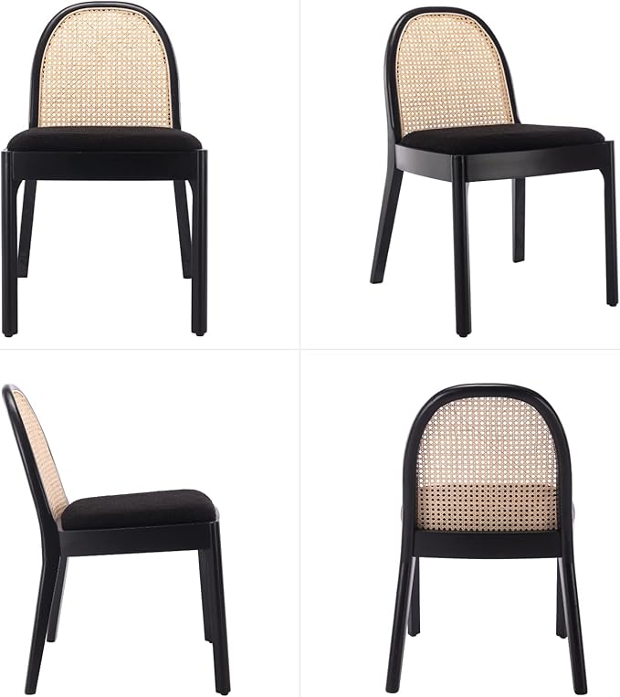 HEAH-YO Rattan Dining Chairs Set of 6, Upholstered Sherpa Dining Room Chairs with Backrests, Modern Kitchen Chairs with Wood Legs for Dining Room, Black