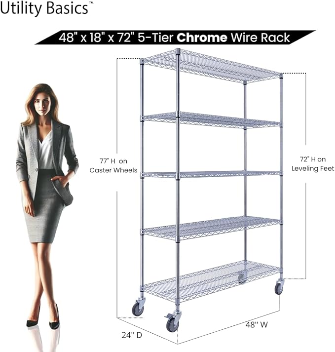 NSF Commercial 5-Tier Wire Shelving with Wheels, 48"x18"x72" Heavy Duty Metal Shelves 4000 lbs Max Capacity, Chrome Storage Rack for Garage Kitchen Pantry Warehouse