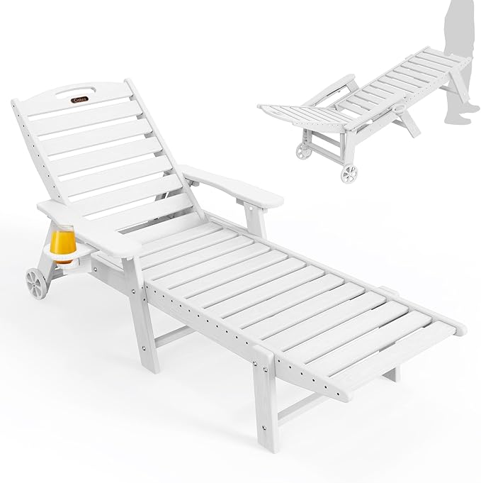 Ciokea Lounge Chair Outdoor, Oversized Chaise Lounge Chair with 5 Positions, HDPE, Patio Lounge Chair with Wheels & Cup Holder for Pool, Deck, Poolside, White