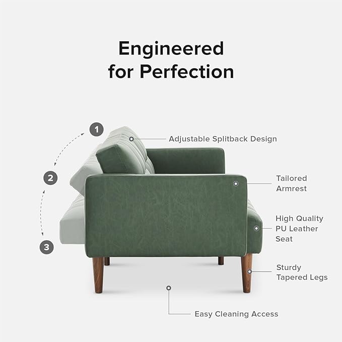 mopio 76.4" Futon Sofa Bed, Couch, Loveseat, Sleeper Sofa, Mid Century Modern Futon Couch, Sofa Cama, Couches for Living Room (Aaron PU, Sage Green)