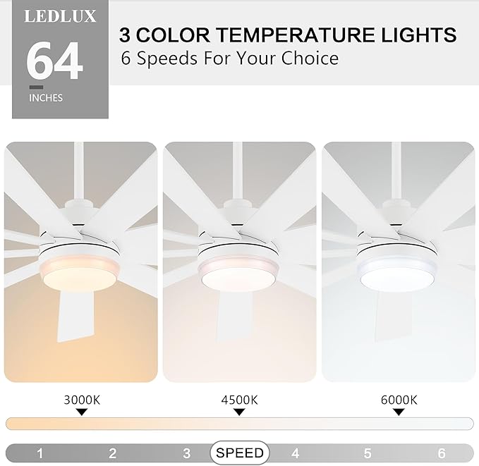 64" Ceiling Fan with Light White, 6-Speed Remote Control, Reversible DC Motor, Modern 9 Blades with 4.5"/12" Downrods for Home or Commercial, Living Room/Restaurant
