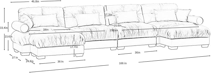 166" Oversized Couch, 4 Seater Sectional Couches for Living Room, Camel Velvet Large L Shaped Fluffy Modular Couch Set with Ottoman