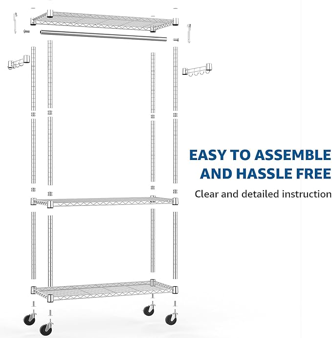 Heavy Duty Rolling Garment Rack 3 Tiers Adjustable Wire Shelving Clothes Rack with Rods and Side Hooks,Storage Closet Clothing Rack with Wheels Chrome 15.7" D x 29.5" W x 74.5" H