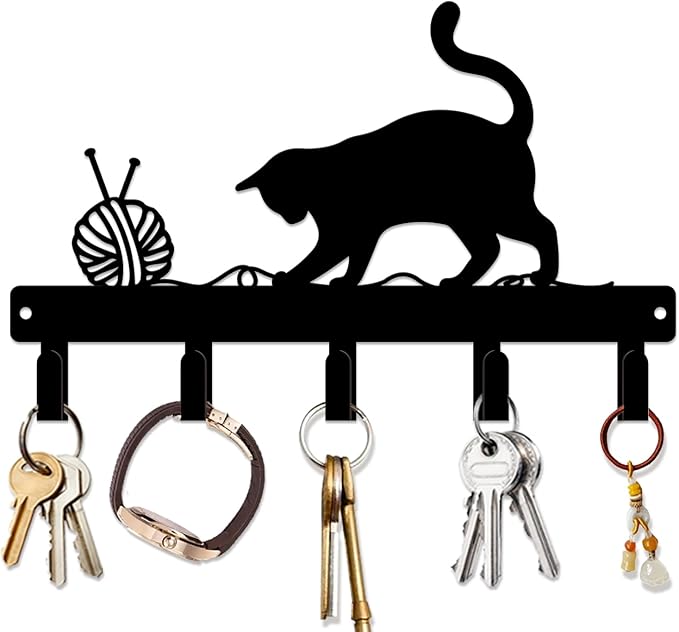 magilab Cat-Themed 10-Inch Iron Key Hooks with 5 Hooks, Black Wall Organizer - Cute Cat Design for Home Decor, No Drill & Screw-in Options (Style D)