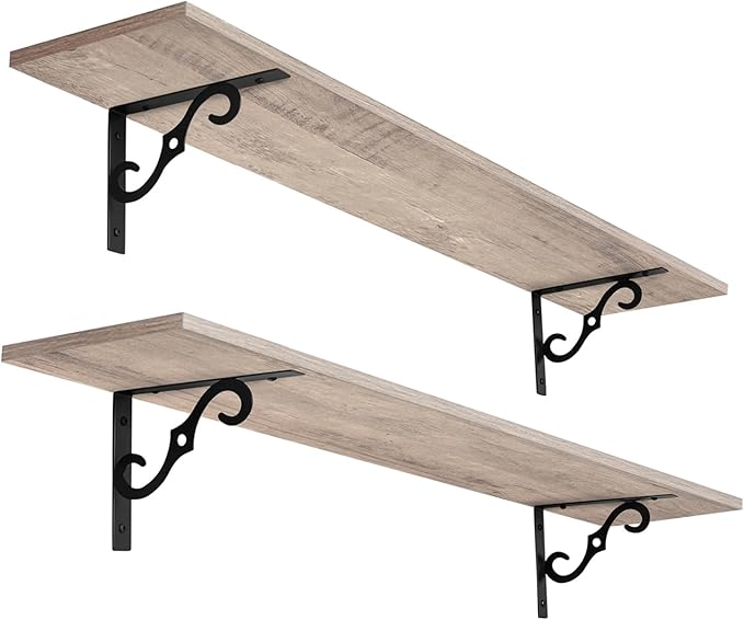 DINZI LVJ Long Wall Shelves, 39.4" Large Floating Shelves Set of 2, Farmhouse Display Shelf Wall Mounted with Heavy Duty Brackets, Easy Assembly for Kitchen, Bathroom, Bedroom, Balcony, Greige