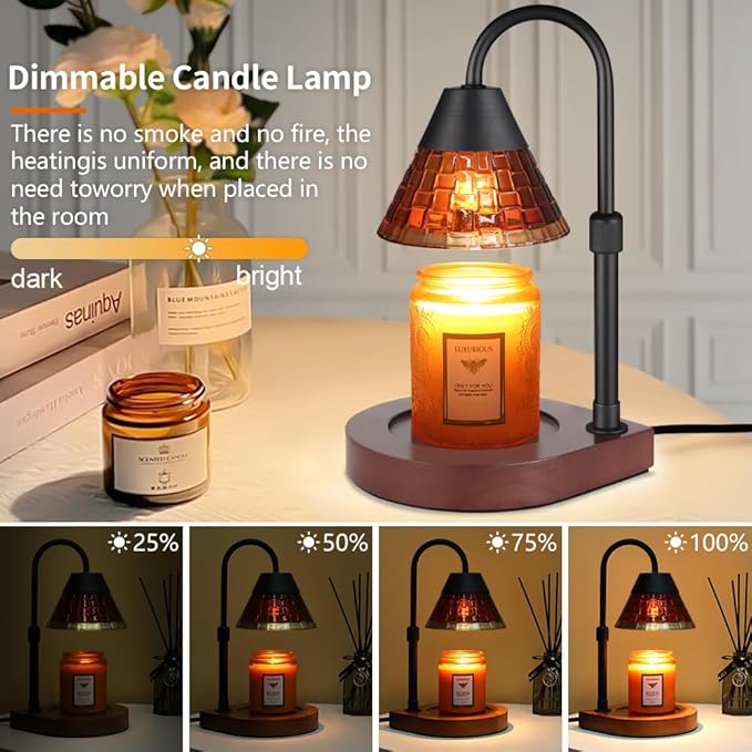 Dimmable Candle Warmer Lamp with Timer, Electric Wax Melt Warmer for Scented Jar Candles Adjustable Height Mothers Day Birthday Gifts for Women Mom Grandma, Home Offices Decor Light(Brown Glass)