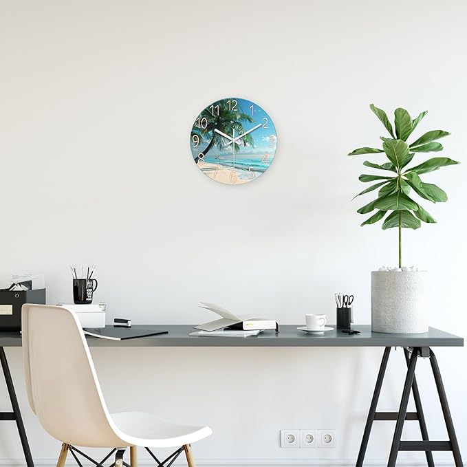 XFM Beach Wall Clock Silent Non-Ticking Battery Operated Clocks 12 Inch Blue Ocean Tropical Palm Tree Wall Clock Decorative for Living Room Kitchen Bedroom Office