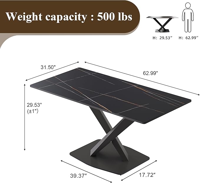 63" Modern Dining Table for 4-6 People, Black Sintered Stone Table Top with X-Shape Carbon Steel Pedestal, Large Rectangular Table for Kitchen Living Room