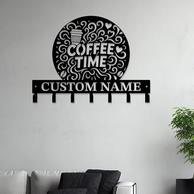 Coffee Bar Keys Holder - Metal Iron Wall Hooks with Custom Name | Personalized Home Decor & Gift Idea | Coffee-Themed Text Engraving Design (Style H)