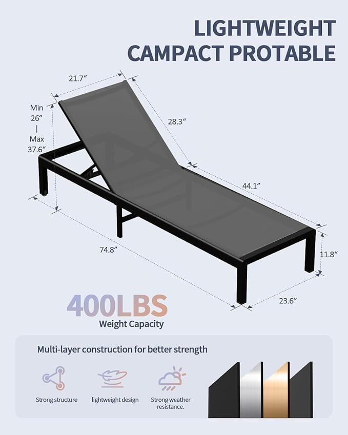 Aluminum Lounge Chairs Outdoor Chaise Furniture,2 Sets Patio Metal Deck Lounger Adjustable 5-Position Poolside Chase Recliner with Wheels for Beach,Coffee Table, (Gray, 1 Chair)