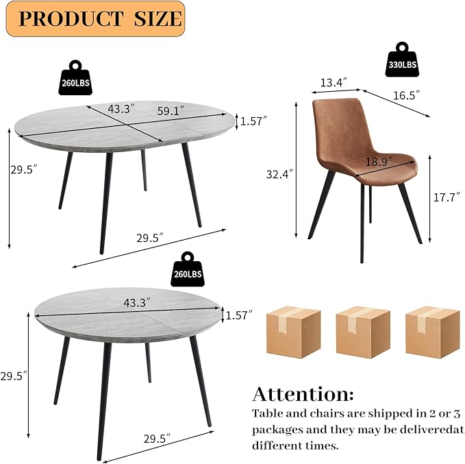 43.3"-59.1" Extendable Round Dining Table Set, Round Table for 6 Person with Scratch-Resistant Thickened MDF Board, Gray Coffee Table w/Metal Legs
