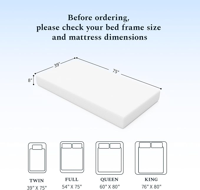 Twin Mattress, 8 Inch Memory Foam Mattress in a Box, Fiberglass Free Twin Size Mattresses for Pressure & Pain Relief, Soft and Comfortable