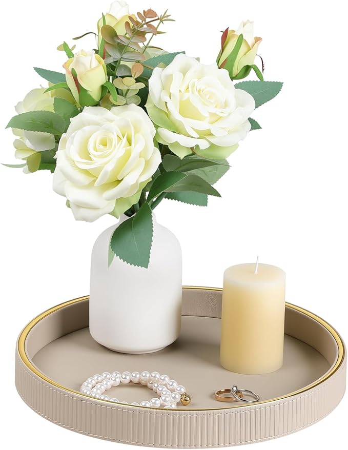 Round Decorative Tray for Coffee Table Decor, PU Leather Coffee Table Tray Golden Trim for Home Decor Living Room Dining Table, Perfume Trays Nightstand Organizer (Beige)