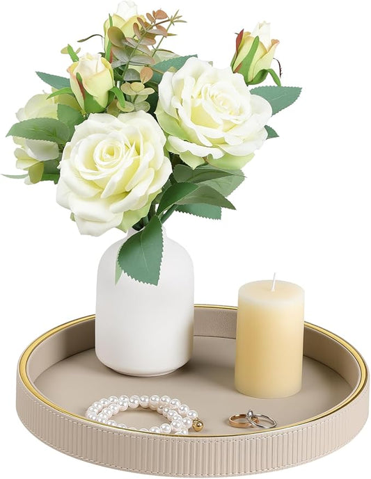 Round Decorative Tray for Coffee Table Decor, PU Leather Coffee Table Tray Golden Trim for Home Decor Living Room Dining Table, Perfume Trays Nightstand Organizer (Beige)