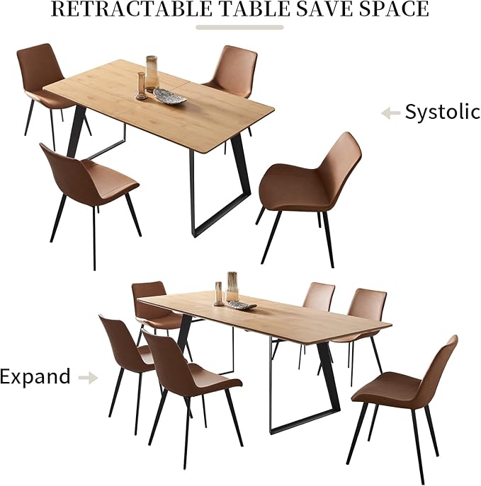ZckyCine 63"-79" Expandable Dining Table Set for 6, Wood Table & 6 Brown Chairs, Extendable Kitchen Dining Table Set for Kitchen & Dining Room, Modern Oak & Brown