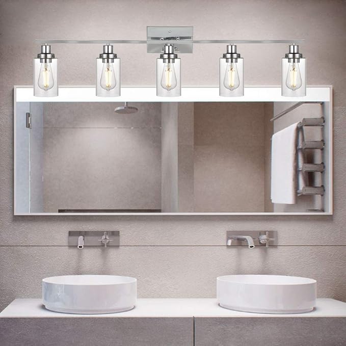 MELUCEE Modern Vanity Lights for Bathroom 5 Lights Chrome Finish with Clear Glass Shade, Contemporary Metal Wall Light Fixtures for Dressing Table Mirror Cabinets (Patent No.: US D963914 S)