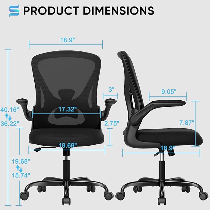 Sytas Ergonomic Desk Chair with Padded Flip up Arms and Supportive Lumbar Support, Breathable Mesh Home Office Chair with Comfortable Cushion for Home or Office(Black)