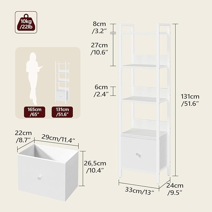 Bookshelf, 5-Tier Bookcase with Drawer, Small Book Shelf for Small Space, Storage Shelf Organizer, for Living Room, Bedroom, Study, Kitchen, White BKWT55101