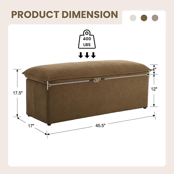 45.5 Inch Storage Ottoman Bench, Modern Upholstered Chenille End of Bed Bench with 2 Safety Hinge, Entryway Bench with Seating for Bedroom Living Room, Brown