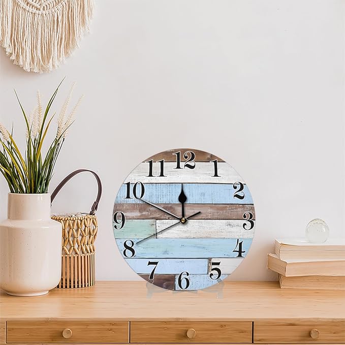 Rustic Coastal Country Wooden Wall Clock Battery Operated 10 in Round Wall Clocks Slilent Non Ticking Quartz Analog Clock for Bedroom Kids Living Room Classroom Decor