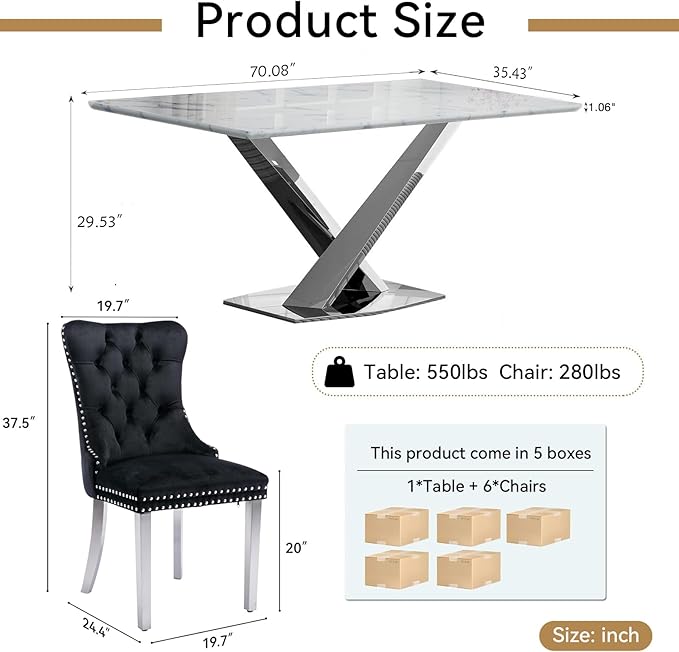 Goujxcy 70" Faux Marble Dining Table Set for 6, 7-Piece Dining Set with White Silver Kitchen Table and 6 Velvet Tufted Chairs, Modern Rectangular Dining Room Table with X-Shape Stainless Steel Base