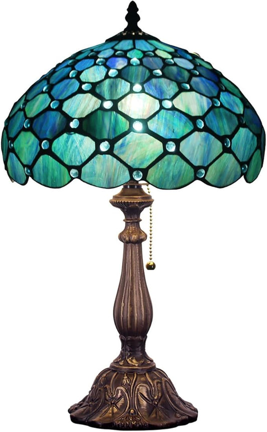 Tiffany Table Lamp Stained Glass Lamp 12X12X19 Inch Antique Reading Light (Sea Blue Pear)