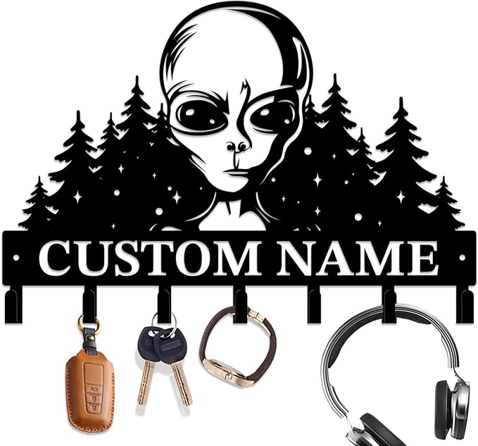 Personalized Custom Alien ET Metal Wall Keys Hooks,Clothes Hooks Alien ET Art Coat Racks,Door Holder,Black Alien ET Decorations for Home,Entrance Doors,Hallway, Bedroom,Keys,Hats (Style B)