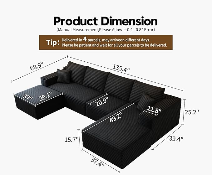 135.4"Cloud Modular Sectional Couch with 1 Ottoman,Modern Minimalist Upholstered Couches, Comfort U Shaped Sofa for Living Room,Deep Seat Corner Couch，No Assembly Required (Black,Right Facing Chaise)