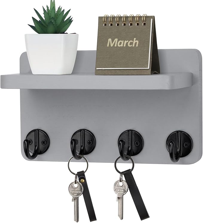 Nekon Key Holder Wall Mount, 8.5 Inch Small Home Decor Wooden Wall Organizer with 4 Hooks and Shelf, Wall Decor for Living Room Entryway Kitchen (Gray)
