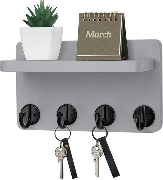 Nekon Key Holder Wall Mount, 8.5 Inch Small Home Decor Wooden Wall Organizer with 4 Hooks and Shelf, Wall Decor for Living Room Entryway Kitchen (Gray)
