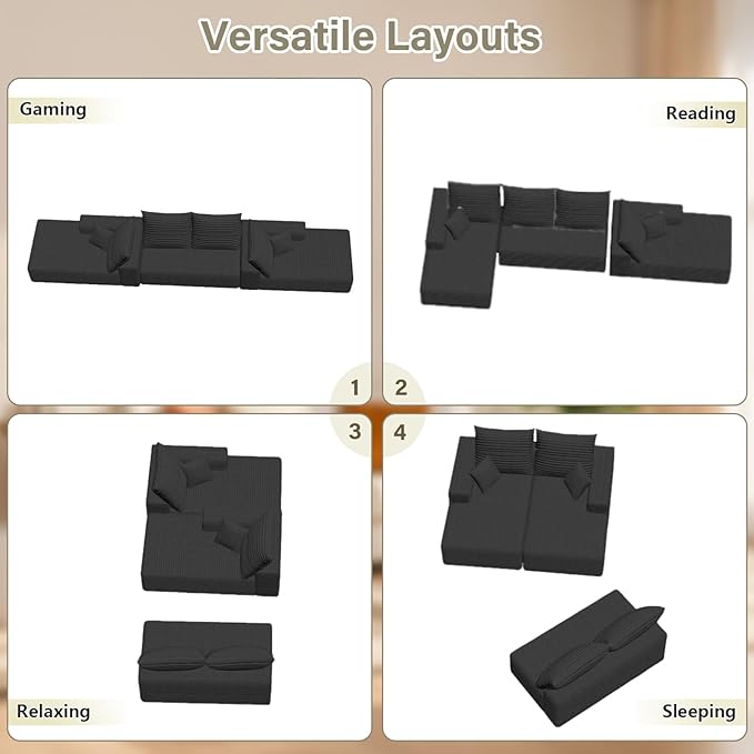 Sectional Cloud Couch for Living Room, Stupendous U Shaped Sofas, Modular Floor Deep-Seat Sofa, Big Comfy Corduroy Couches Set with Fluffy Memory Foam, No Assembly Required, Black