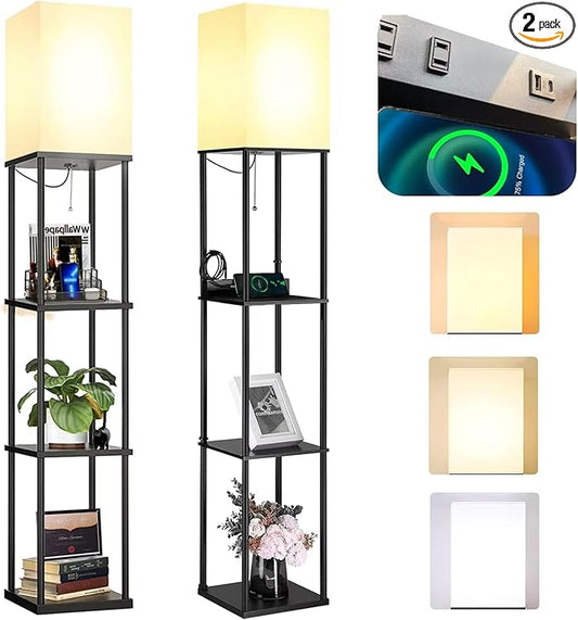 2 Packs Floor Lamp w. Shelves Including 2AC Outlets & 2USB Ports 9W LED Light Bulb 3 Color Temperature Soft/Cool/Daylight White w. 1PC 2 Prong to 3 Prong Adapter for Living Room/Bedroom