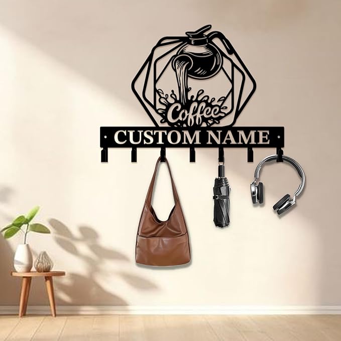 Coffee Bar Keys Holder - Metal Iron Wall Hooks with Custom Name | Personalized Home Decor & Gift Idea | Coffee-Themed Text Engraving Design (Style F)