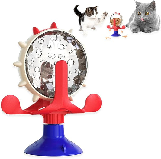 Cat Dog Treat Dispenser Toy - Cat Interactive Feeder Pet Food Toys Feeder 360° Degree Rotating Food Leakage Device Rotate with Strong Suction Cup Money Wheel Shape (American Blue)