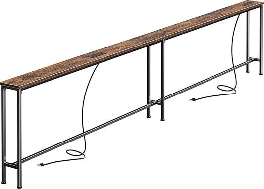 SUPERJARE 110.2 Inch Sofa Table with 2 Power Outlets and USB-C Port, 5.9 Inch Narrow Console Table with Storage, Extra-Long, for Entryway Hallway Couch Behind Sofa, Small Spaces, Rustic Brown