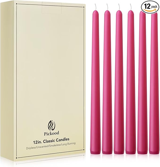 New Burning Formula Unscented Dripless 12-Inch Taper Candles Set of 12 - Hot Pink, for Wedding, Dinner - Smokeless, Long Burning - Hand Poured, Colored Tall Candlesticks - Rosa Intenso