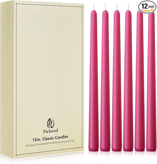 New Burning Formula Unscented Dripless 12-Inch Taper Candles Set of 12 - Hot Pink, for Wedding, Dinner - Smokeless, Long Burning - Hand Poured, Colored Tall Candlesticks - Rosa Intenso